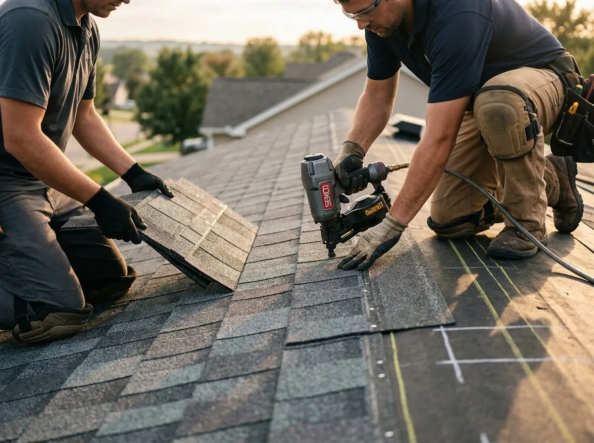 Professional roofer working on a residential roof in Delmar